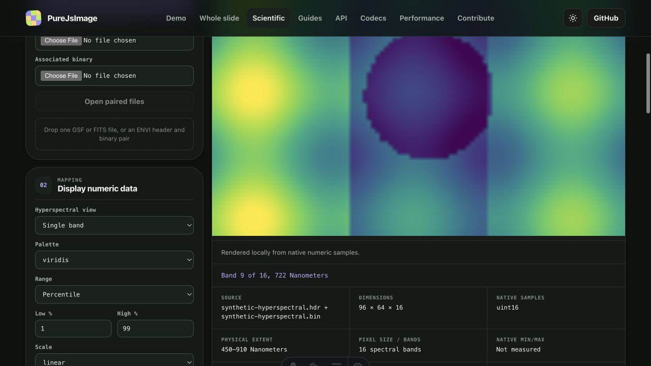 ENVI hyperspectral cube displayed in PureJsImage with band and percentile controls